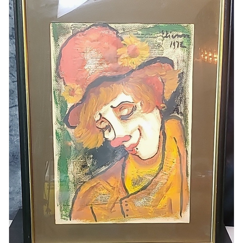 Vintage Original Etienne 1972 Clown Mixed Media Newspaper Collage Art Framed